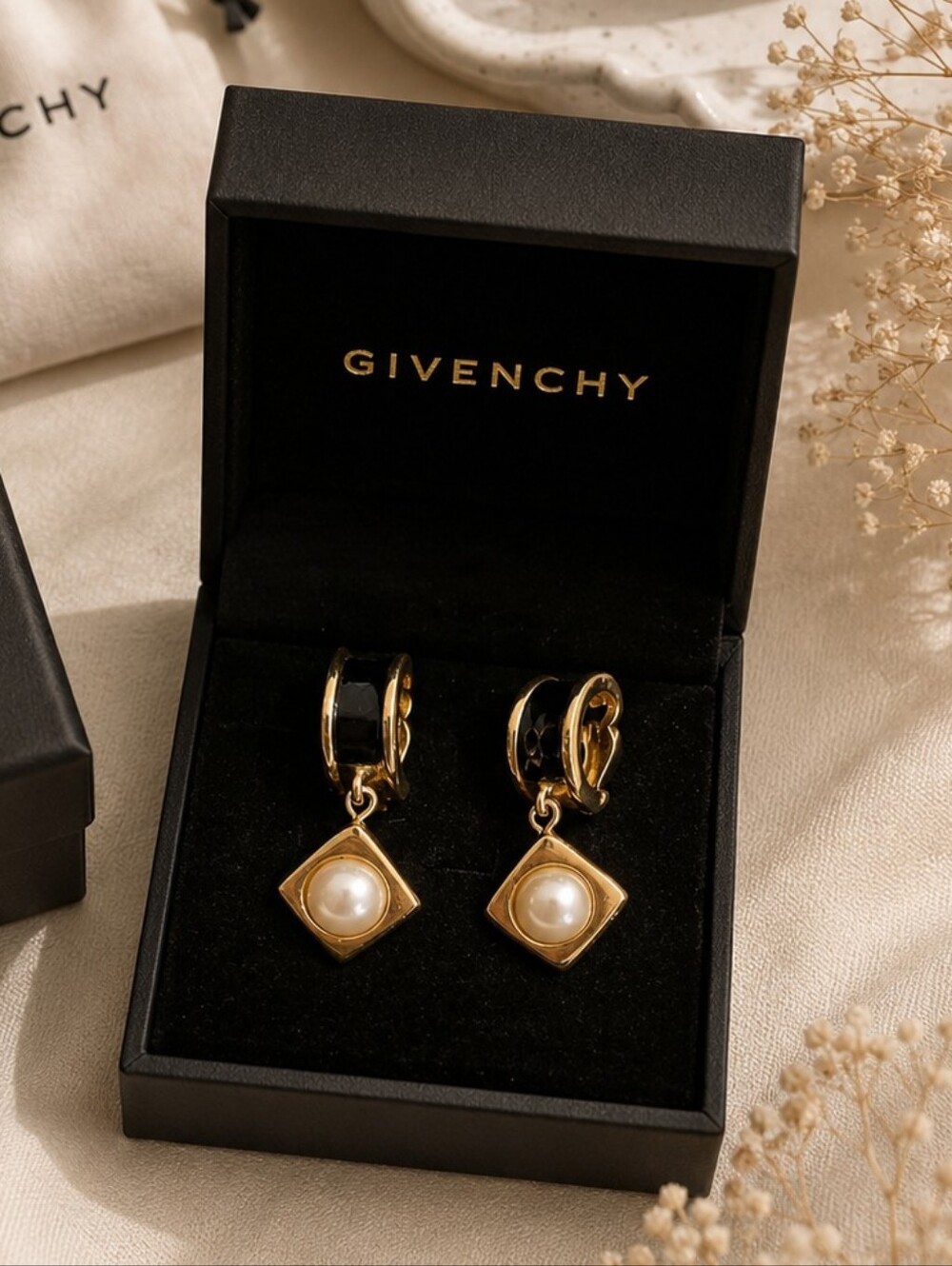 Givenchy Gold and Black Earrings with Pearl Accent EUC